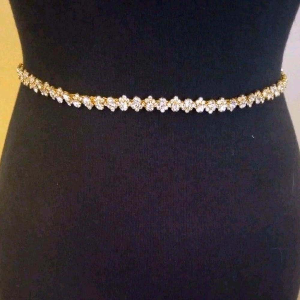Gold Crystal Floral Waist Chain Belt - Sparkling Gold Tone